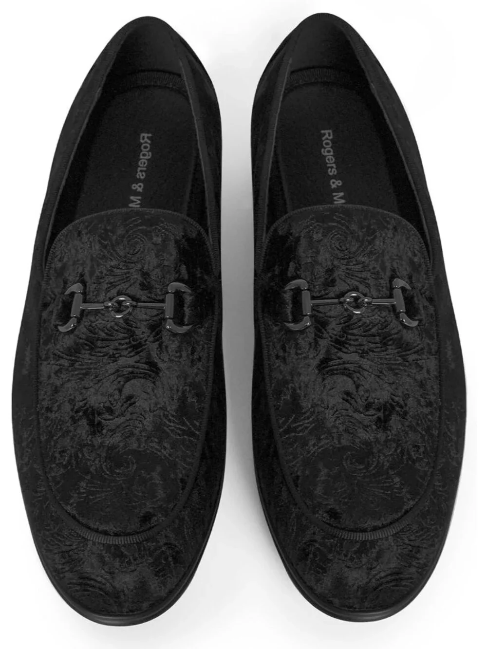 Rogers & Morris Men's Black Velvet Loafers Metal Buckle Luxury Horsebit Shoes